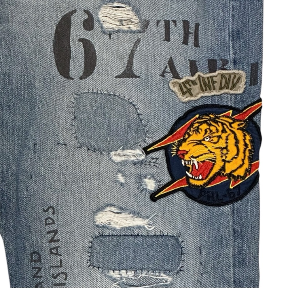 Polo Ralph Lauren Varick Slim Straight Jeans Military Patches Distressed 38 x 32 - Picture 3 of 16